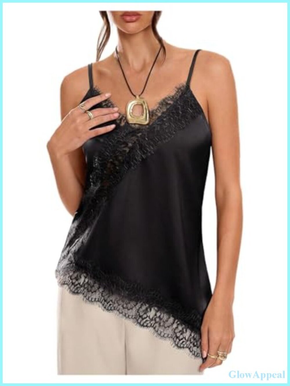 Silk Satin Camisole Top V Neck Spaghetti Strap Lace Tank